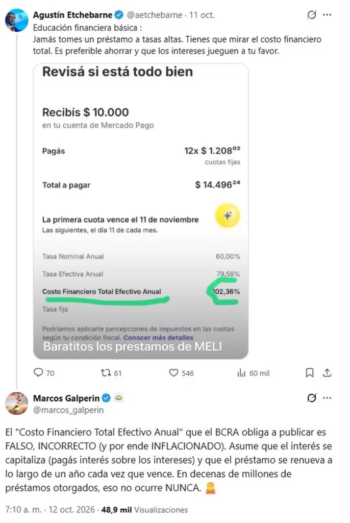 Galperín cuestionó la tasa que informa el BCRA y abrió el debate sobre cuánto cuesta un préstamo