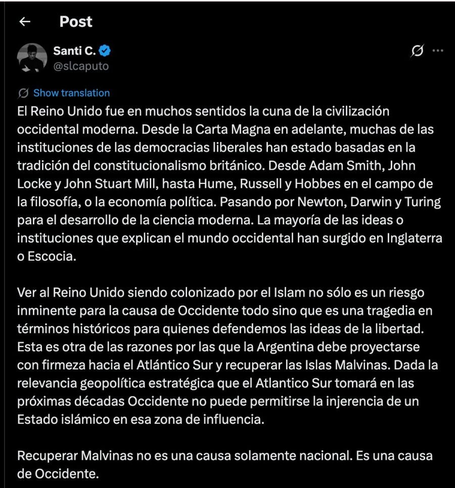 Medios ingleses se hicieron eco de un posteo de Santiago Caputo