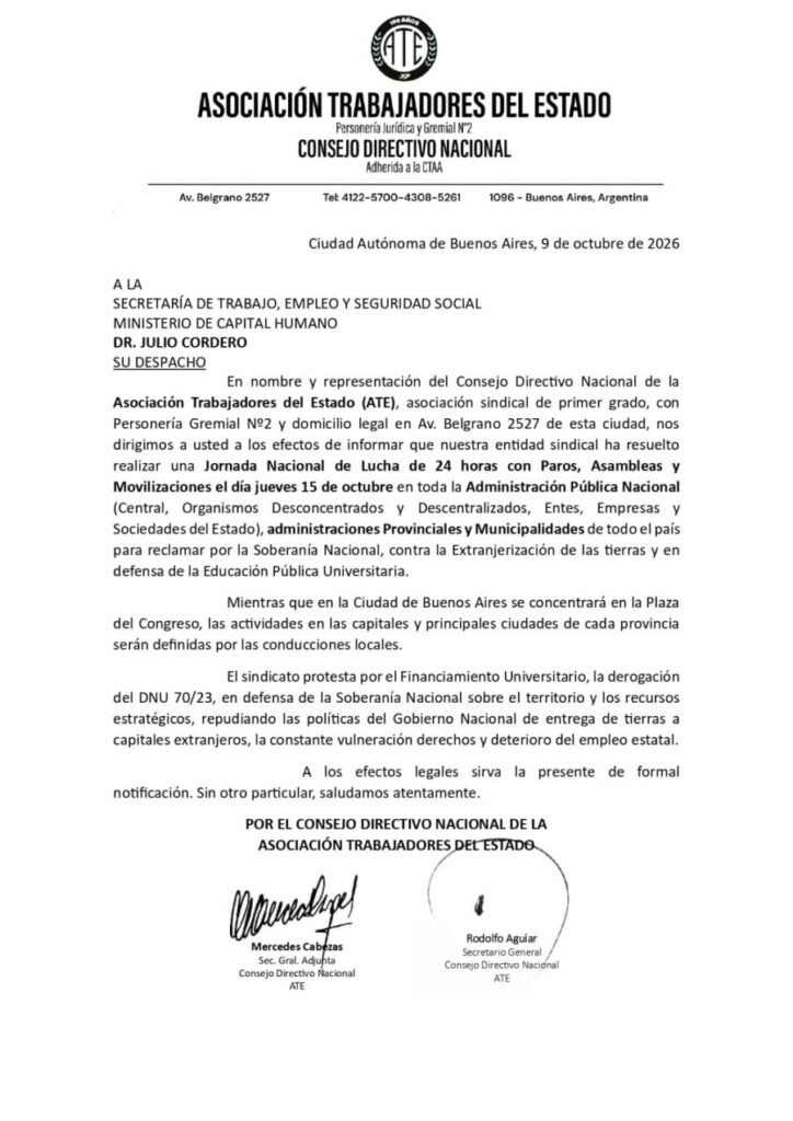 Noticias | ATE llamó a un paro nacional para el 15 de octubre